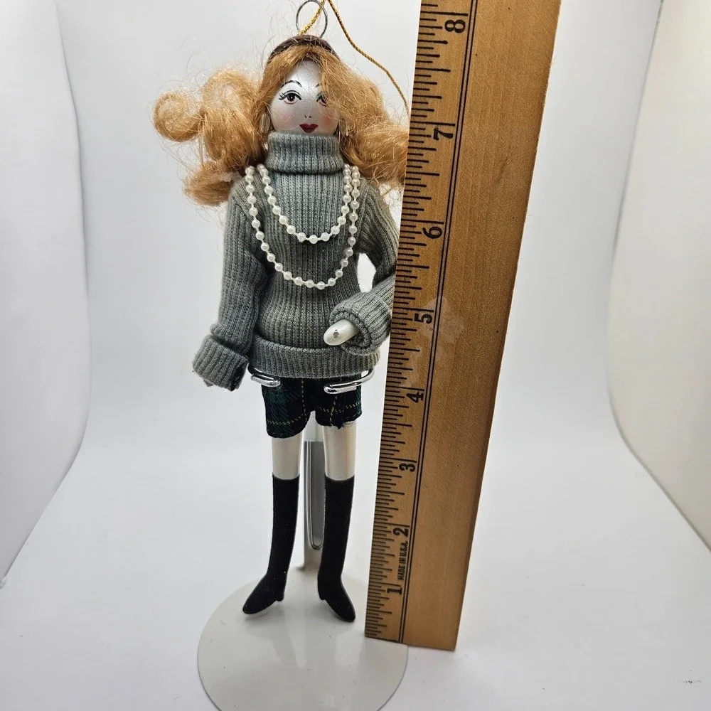 Vintage Porcelain Doll Ornament Blonde Hair Turtleneck Sweater‎ Plaid Skirt 8